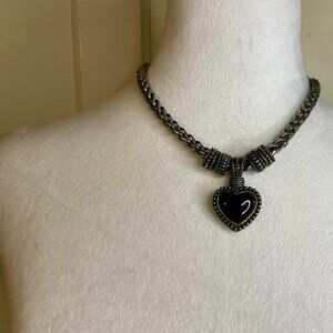 Chunky Black Heart Silver tone Necklace